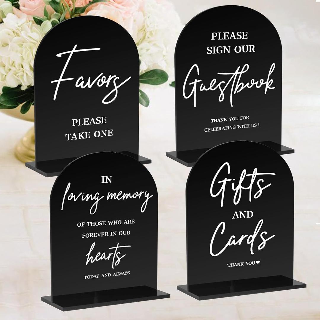 KOSKIMER 4 Pcs Acrylic Wedding Signs - 5x7 Inch Black Signage for Ceremony and Reception, Guest Book, Cards, Favors, In Loving Memory, Wedding Reception Decor (Set of 4)