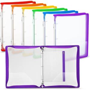 Fulmoon 6 Pack Plastic Zipper Binder, 1 Inch 3 Ring Binder with 2 Interior Pockets, 1 Plastic Movable Pencil Pouch, Expanding File Zippered Holds Us Letter Size 8.5''x11'' for Office (Clear)