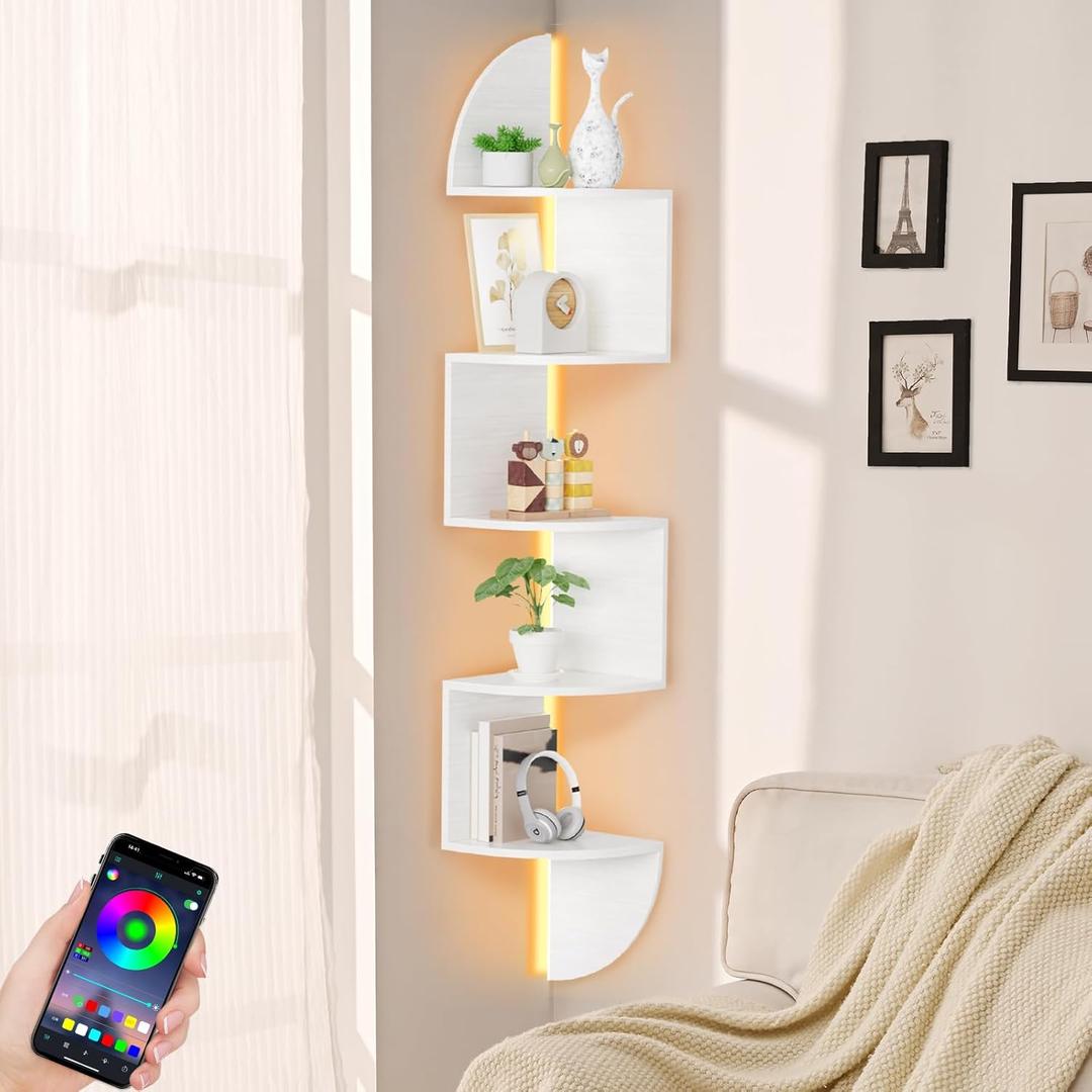 Corner Shelf, 5 Tier Bookshelf with LED Light, Corner Shelf Wall Mounted, Floating Shelves for Wall, Display Stand for Bedroom, Living Room, Bathroom, Home, Office, White