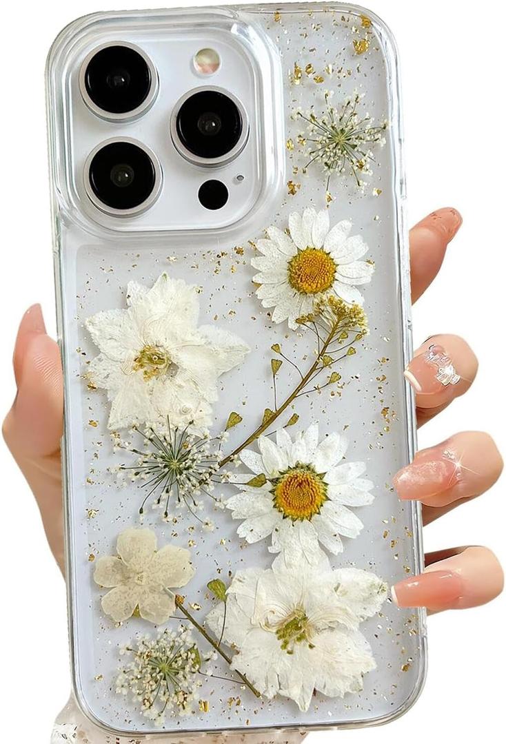 for iPhone 15 Pro Clear Case with Pressed Real Flowers Design,Glitter Cute White Floral Pattern Slim Soft TPU Protective Women Girl's Phone Cover for iPhone 15 Pro