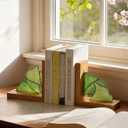 Maitys Ginkgo Leaf Bookends with Oak Wood Base Stained Glass Novelty Bookends Organizer Cute Book Ends for Shelves Desks Libraries Book Lover Gift (Green)
