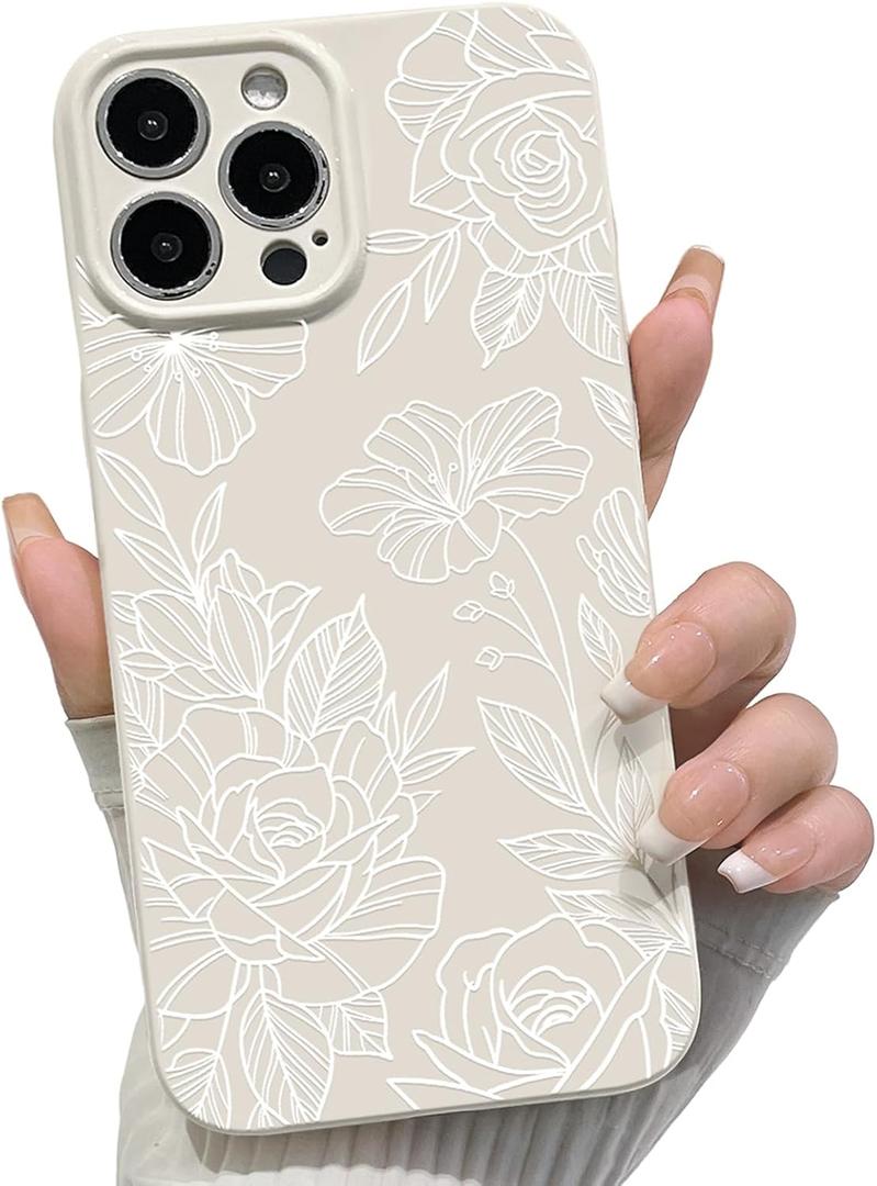 NITITOP Compatible with iPhone 15 Pro Case Cute Aesthetic Floral Flower Rose Line Pattern for Women Girl Trendy Slim Fit TPU Silicone Shockproof Full Camera Protection Cover - White