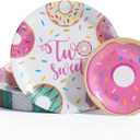 Liacere 32Pcs Donut Party Plastic Plates - Donut Birthday Party 7/10-Inch Dessert Plates Disposable Tableware Dinnerware for Two Sweet Girls' Birthday