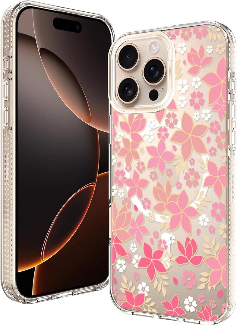 OOK Magnetic for iPhone 16 Pro Case Pink Primrose Floral Design [Compatible with MagSafe] [10FT MIL-Grade Drop Protection] Clear Bumper with Accents for iPhone 16 Pro Phone Case (6.3")