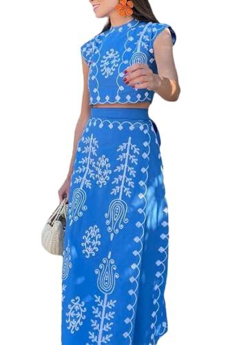 THLAI Women's Bohemian Floral Printed 2 Piece Set Crop Tank Top & Beach Party Maxi Dress Set Outfit Blue S /M
