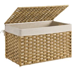 SONGMICS Storage Basket with Lid, Woven Blanket Storage Bin with Handles, Foldable, Removable Liner, Metal Frame, for Bedroom, Laundry Room, 17.2 Gallons (65 L), Natural URST56NL