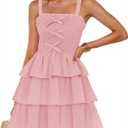 ZESICA Women's Summer Sleeveless Ruffle Tiered Layered Mini Dresses 2025 Square Neck Smocked Short Beach Sundress, Pink, Large