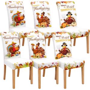 6 Pcs Thanksgiving Maple Chair Covers Fall Vintage Dining Chair Slipcovers Thanksgiving Seat Covers Autumn Pumpkin Turkey Stretch Removable Washable Dining Protector for Party Kitchen Farmhouse