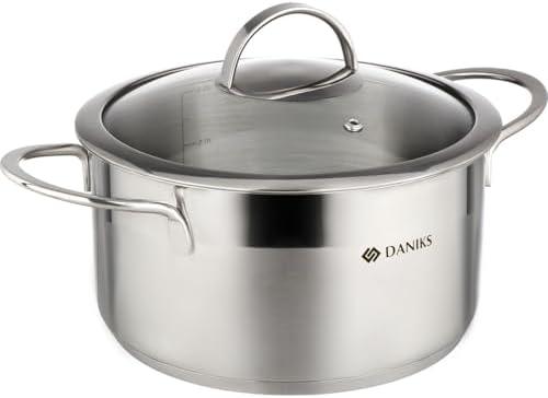 Daniks Bonn Stainless Steel Stock Pot with Glass Lid | Induction 3.6 Quart | Dishwasher Safe Pot | Measuring Scale | Soup Pasta Stew Pot | Silver