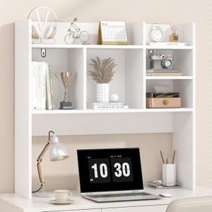 Desk Hutch with 6 Shelves, Desktop Bookshelf Organizer & Hutch Top for Desk, Over Desk Storage Shelf for Office, Home, Dorm | Space-Saving Design (White), 34.6" L x 9.4" W x 33.5" H