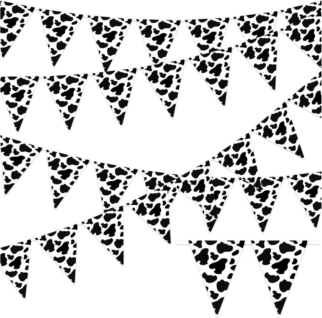 52.5 Ft Cow Print Pennant Banner, Reusable Farm Theme Party Decor, Black and White, 25 Pennants, 7.9 x 11.8 Inch Triangular Flags