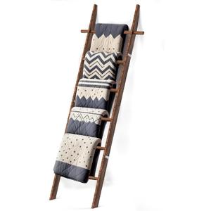 Farmhouse Wooden Blanket Ladder with Removable Hooks, 6-Tier Rustic Blanket Rack Decorative Stand, Leaning Towel Quilt Rack Holder for Bathroom Living Room Decor ,Brown