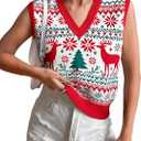 JULYCLO Christmas Sweater Vest Women Ugly Xmas Reindeer Knit Sweaters Casual Santa Snowflake V Neck Sleeveless Outwear Tops