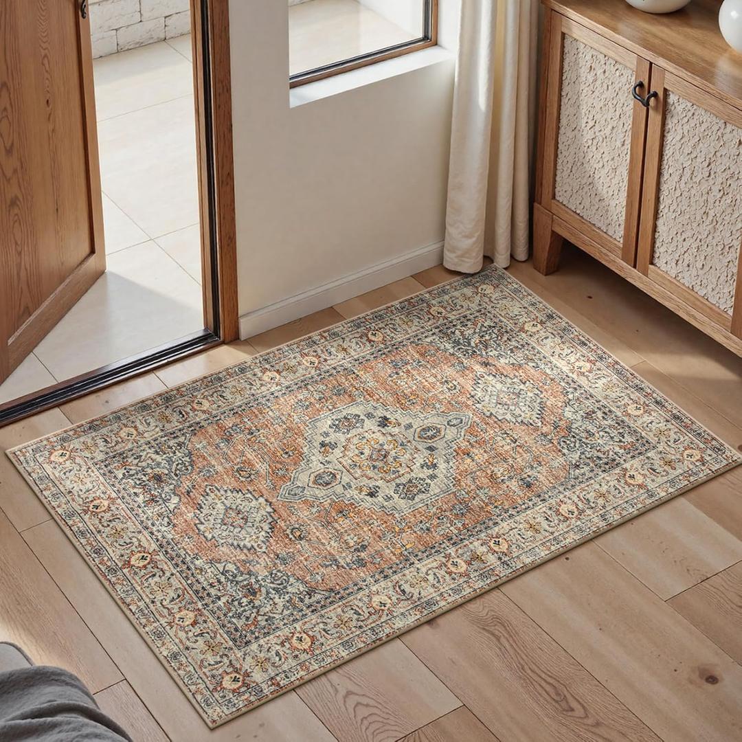 Lahome Oriental Door Mat Indoor Entrance, 60"x30" Washable Indoor Rugs for Entryway Soft Small Kitchen Rugs Non Slip Ultra-Thin, Vintage Door Mat Carpet for Bedroom Bathroom, Peach/Orange (Terracotta)