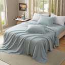 KKJIAF 4 Pieces Plaid Ruffle King Size Sheets Set, Cotton Gingham King Sheet Set Linen Feel Comfy Breathable Ruffed Plaid Bed Sheet Set with 16 Inch Deep Pocket, Dusty Blue