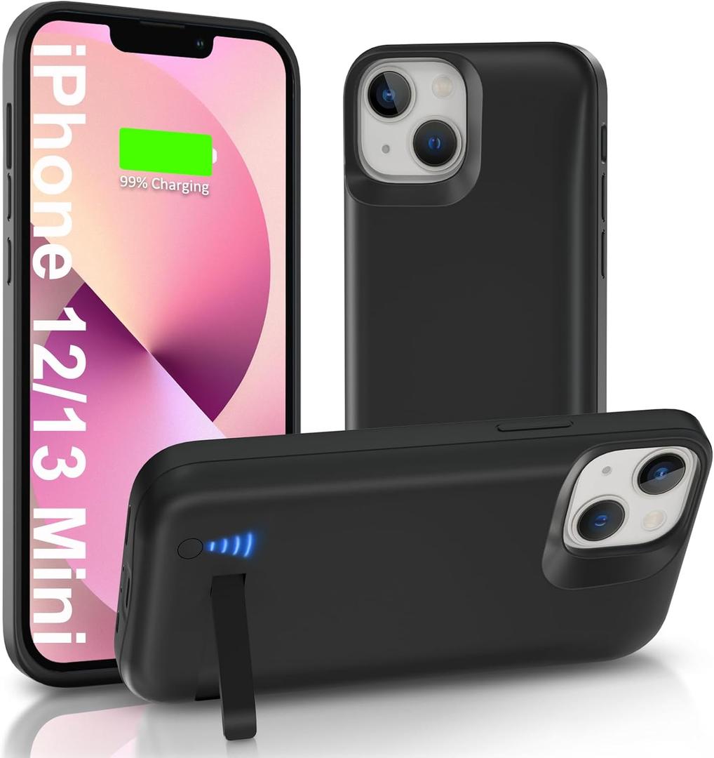 Battery Case for iPhone 12/13 Mini, Real 7000mAh Ultra-Slim Charging Case with Kickstand for iPhone 12 Mini, Rechargeable Extended Backup Battery Charger Cover for 13 Mini - 5.4 inch Black