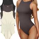 OQQ Women's 3 Piece Bodysuits Sexy Ribbed One Piece Sleeveless Halter Neck Tops Leotard Summer Trendy (Large, Black Tea Leaf Beige)