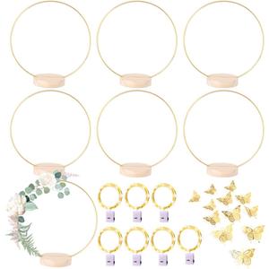 7 Pack Floral Hoop with Stand and LED Fairy Lights 10 inch Metal Rings for DIY Centerpiece Table Decorations Crafts Macrame Rings Hoop Wreath Dream Catcher Rings Wedding Christmas Wreaths, Gold