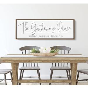 TQianJiang Dining Room Wall Decor The Gathering Place Sign 24"×10" With Sit Long Talk Much Laugh Often Sign Gathering Plaque for Kitchen Large Rustic Farmhouse Wood Framed Wall Hanging (Black)