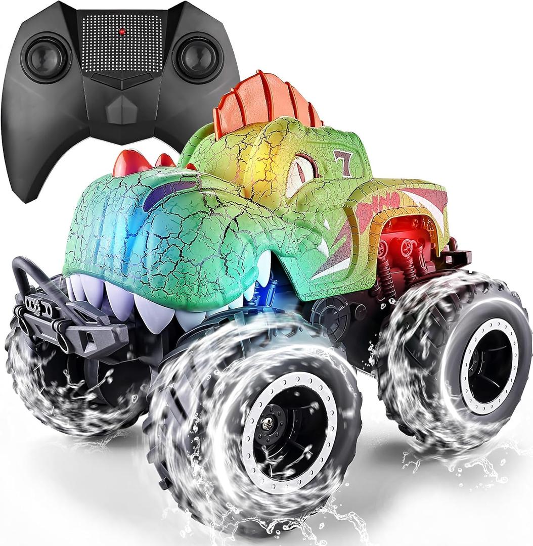 Monster Truck Toys, 1:20 Waterproof Dinosaur Monster Trucks for Boys Age 4-7, 2.4GHz All Terrain RC Cars with 2 Batteries, 360 Rotating Stunt RC Car Toy Birthday Gift for Kids 3-5 (Green)