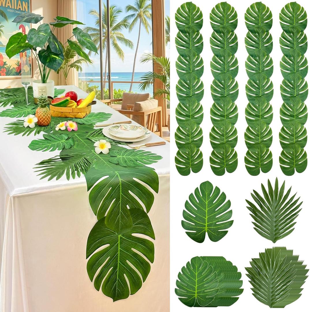 4Pcs Artificial Palm Leaves Table Runners 72 + Inches Long, Table Runner Faux Palm Leaf with 24 Willow and 24 Monstera Leaves, Green Runners for Tables for Hawaiian Jungle Summer Party Decor
