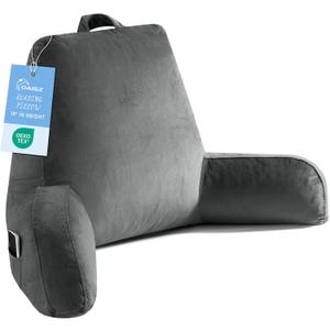 Reading Pillow for Sitting in Bed Adult, 19" Reading Pillow with Shredded Memory Foam, Back Pillow for Sitting Up with Extend Arms, Pockets, Bed Pillow with Washable Cover, Grey