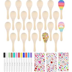 PLULON 20 Pcs Wooden Maracas for Kids, Mini Maracas with Multicolor Pens and Gem Stickers for Cinco De Mayo Unfinished Festival Painting Crafts Shakers Fiesta Mexican Birthday Party Favors Supplies