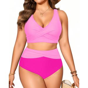 Tempt Me Plus Size Two Piece Bikini - Women High Waisted Swimsuits Bathing Suit Swimwear (Pink), Size 12 Plus