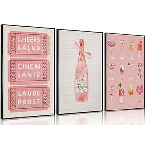 Mavgouuy 3Pcs Coquette Vintage Pink Canvas Wall Art, Watercolor Cocktail Champagne Rosé Cheers Poster Print, Bar Cart Wall Decor Artwork for Bedroom Living Room Bar Home Decoration【UNFRAMED】