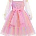 Kids Girls Birthday Party Long Sleeve Star Glitters Tulle Tutu Dress 3D Butterfly Star Sequins Ruffle Dress 7-8Y