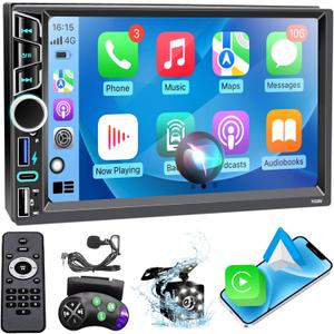7" Double Din Car Stereo with Wireless Apple CarPlay&Android Auto,180W Outputs, Bluetooth 5.2/FM/AM/USB-C/38W Fast Charge/Physical Knob/Weatherproof Backup Camera/USB,Stereo for 7x4.02"Double Din Size