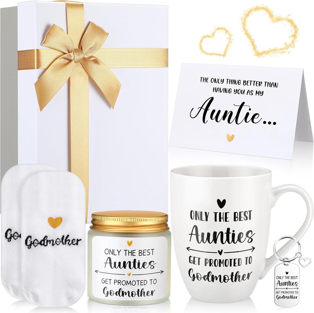 6 Pcs Godmother Proposal Gift Will You Be My Godmother Gift Box Set for God Mother Auntie Includes Mug Scented Candle Socks Keychains Cards Box from Godchild Baptism Mother's Day(Auntie)