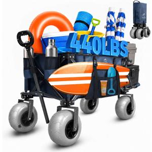 Beach Wagon with Extended Tailgate, 9" Big Sand-Proof Balloon Wheels, Heavy Duty 200L Oversized Foldable Beach Cart, 440LBS Utility Wagon with Side Pocket for Sand,Camping,Vacation