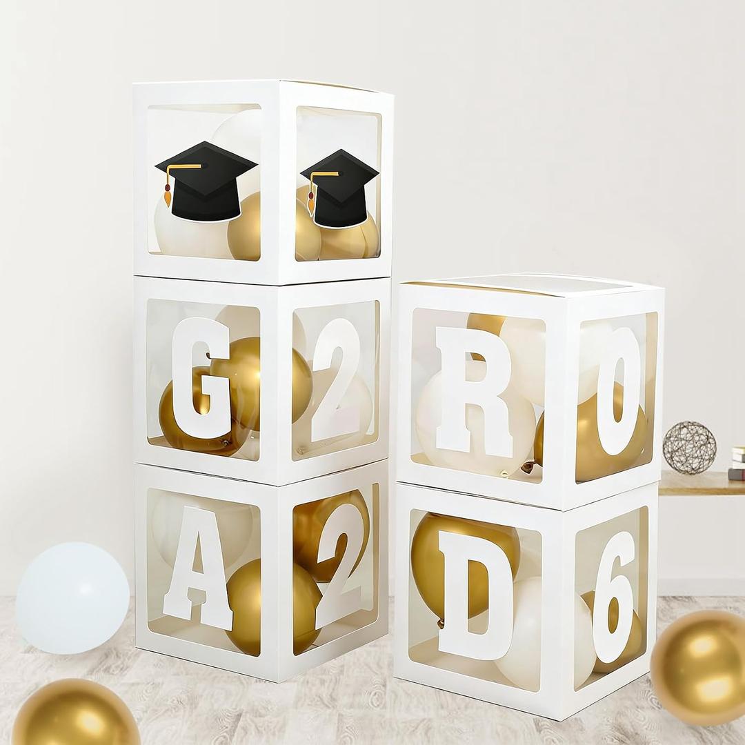 Graduation Decorations 2026, 5pcs Graduation Party White Balloon Boxes with Letters GRAD&Numbers for Class of 2026 Preschool Kindergarten High School College Grad Party Celebration Supplies