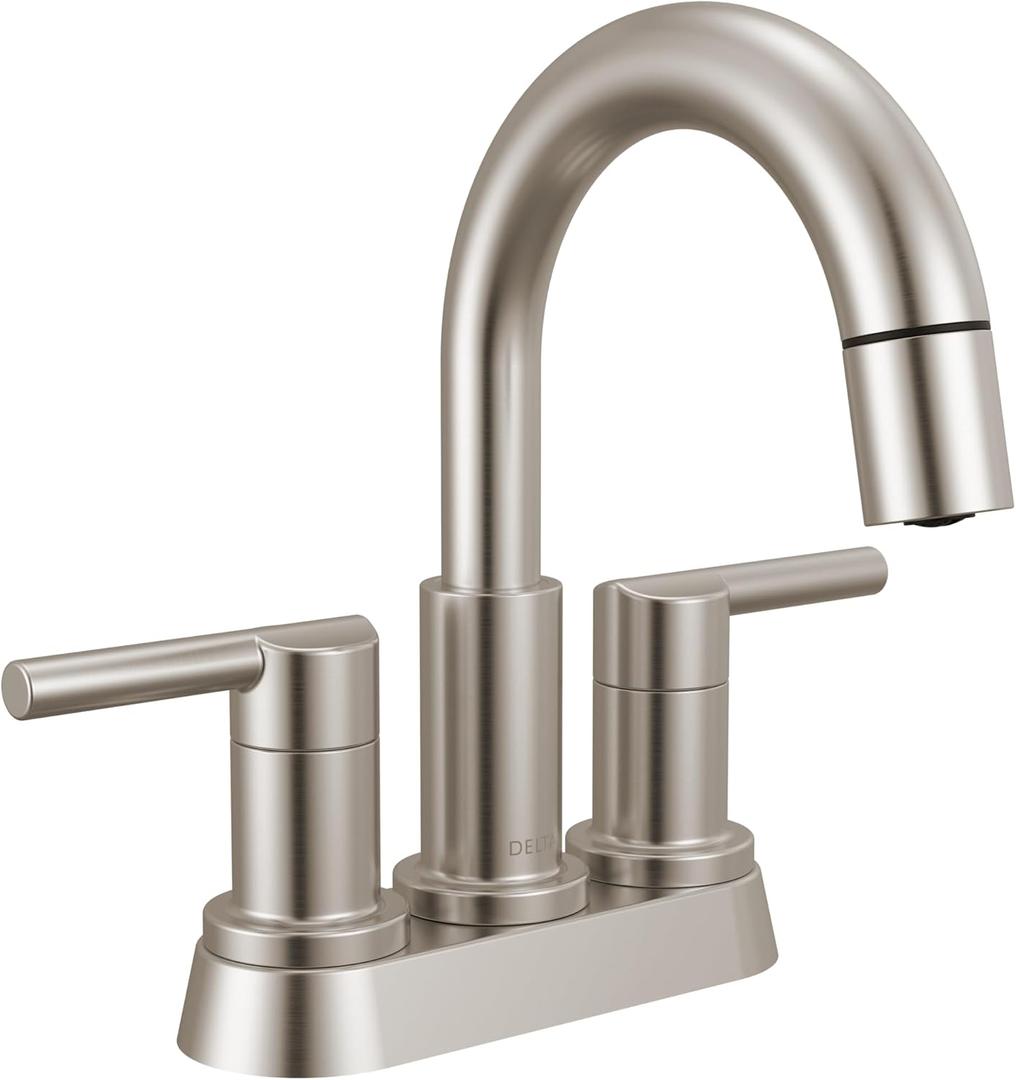 Delta Nicoli Centerset Brushed Nickel Bathroom Faucet with Sprayer, 4 Inch 3 Hole Bathroom Sink Faucet with Pull Out Sprayer, Push-Pop Drain, Stainless 25749LF-SSPD