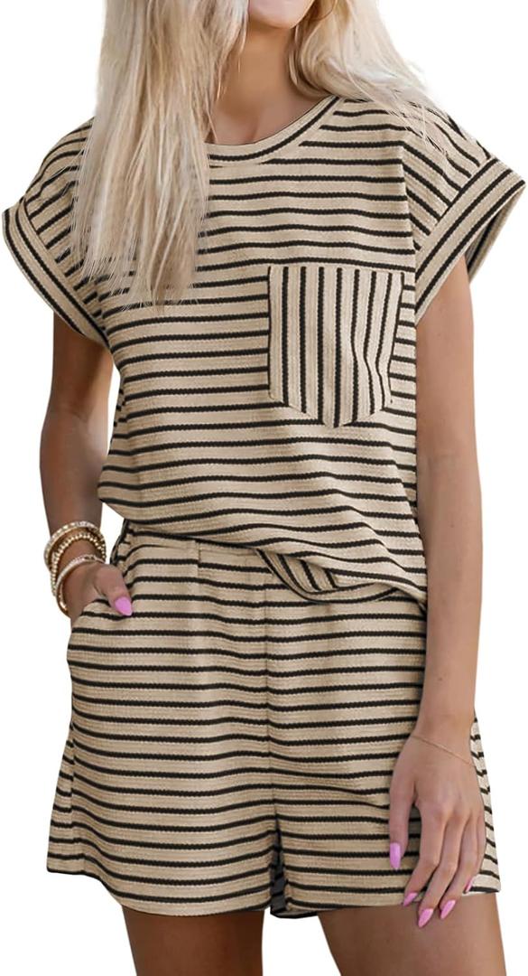 Tankaneo Womens 2 Piece Short Sets Striped Summer Outfits Cap Sleeve Tops and Elastic Waist Lounge Matching Set (Large, Khaki)