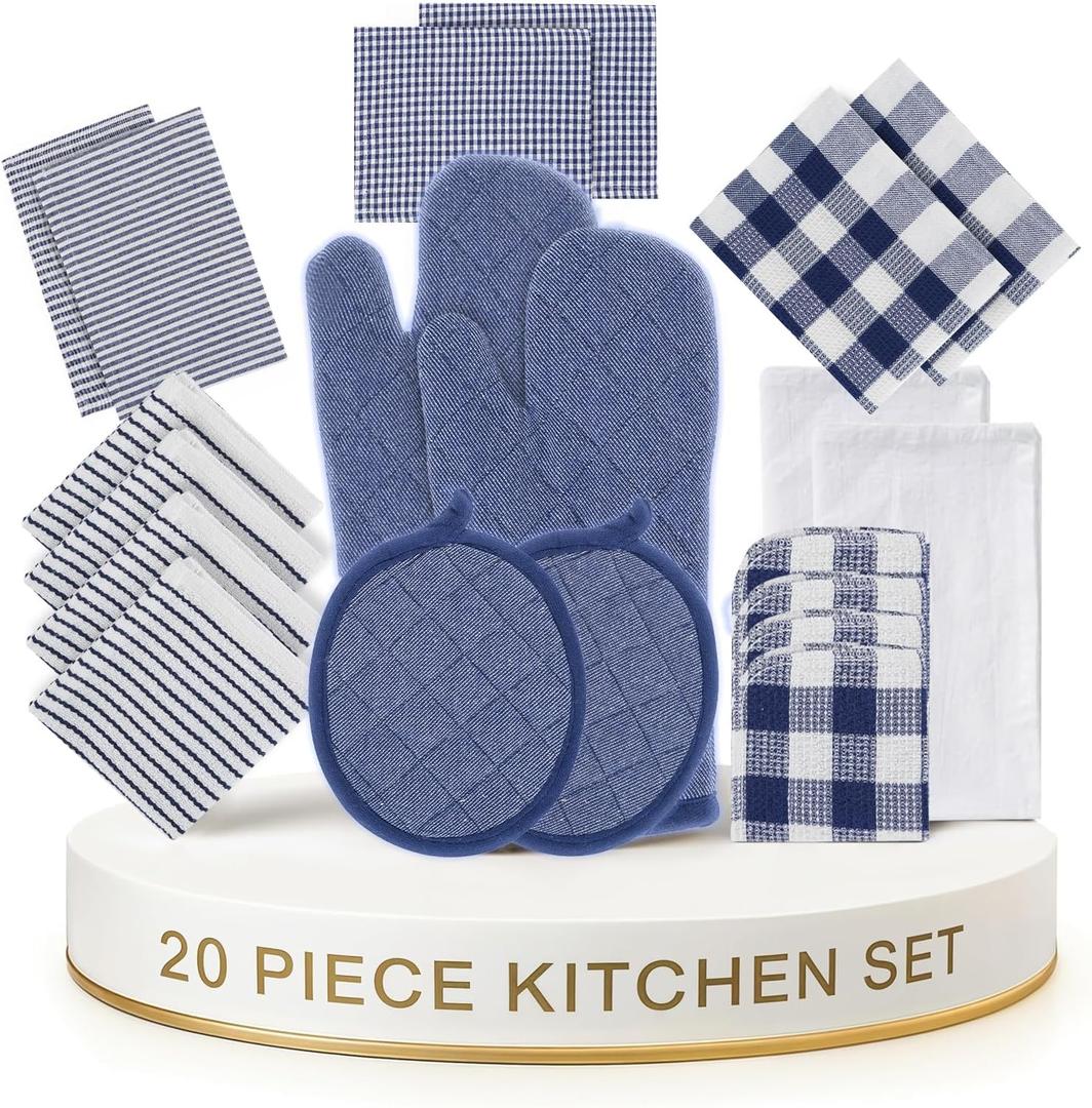 LANE LINEN Flour Sack Dish Towels Set - 20 Pc Kitchen Towel Set with Pot Holders and Oven Mitts,100% Cotton Kitchen Towels, Absorbent Dish Towels: Indigo