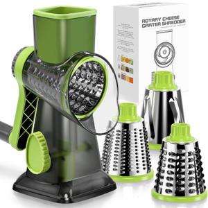 KEOUKE Rotary Cheese Grater with Handle Vegetable Cheese Shredder Slicer Grater for Kitchen 3 Changeable Blades for Cheese Potato Zucchini Nuts Chocolate (Green SP)