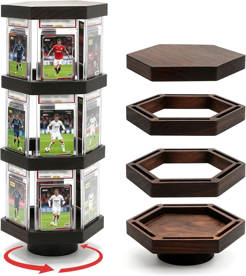 3-Tier Rotating Card Display Stand for PSA Graded Slabs (Card not included) | Wood Trading Card Display Case Holder for 18 Slabs, Motorized 360 Sports Card Display for BGS CGC Slabs, Baseball Card Stand