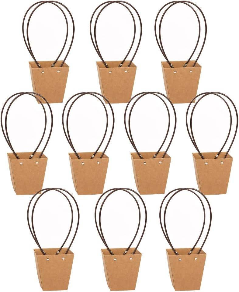 STKMELON 20-Pack Kraft Paper Flower Gift Bags - Waterproof Brown Paper Carrier Bags with Handle for Birthday, Wedding, Party Favors