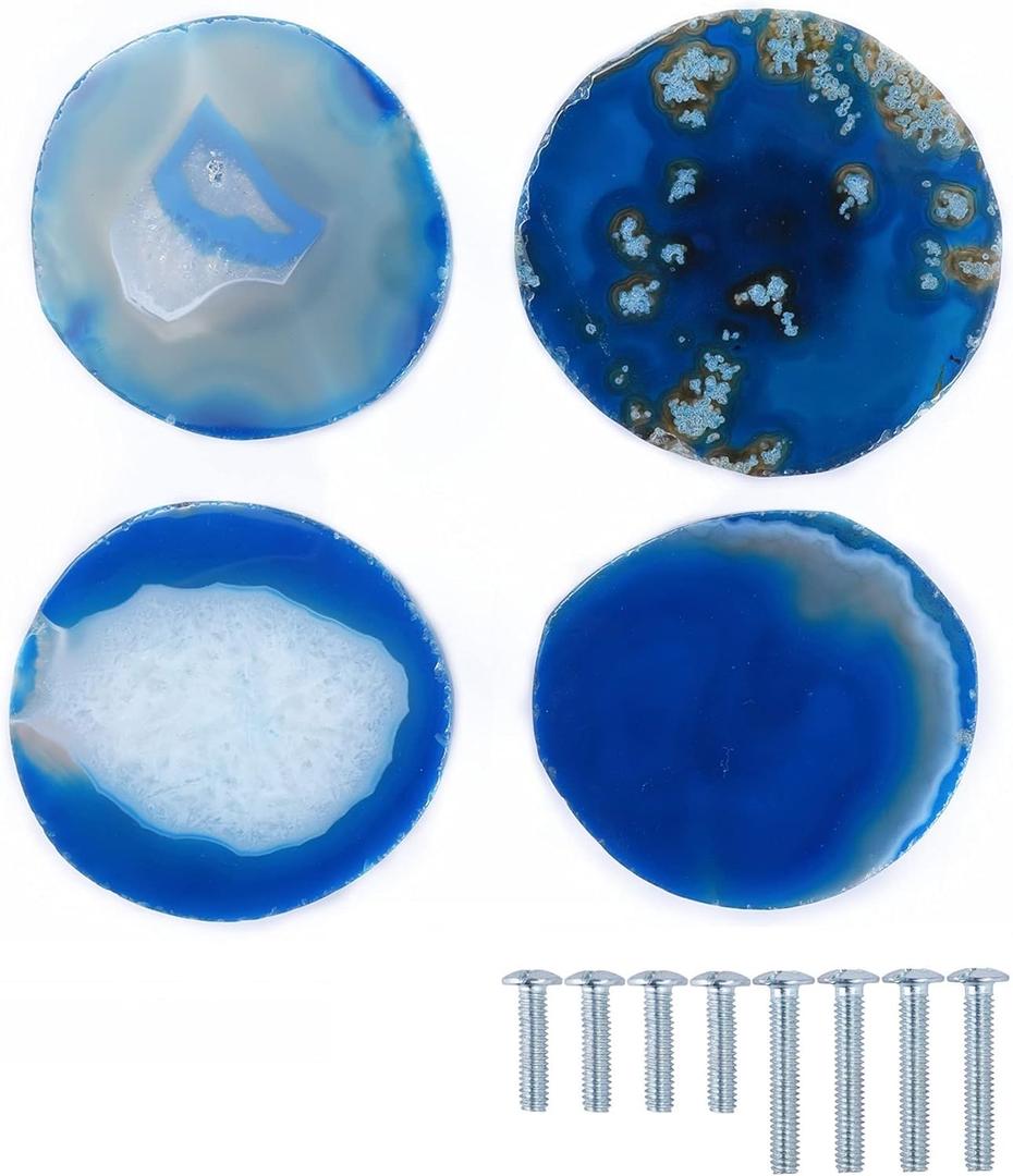 4Pcs/Set Natural Pattern Shape Agate Stone Cabinet Knobs Drawer Handles for Furniture Hardware Home Decoration with Screw (Blue)