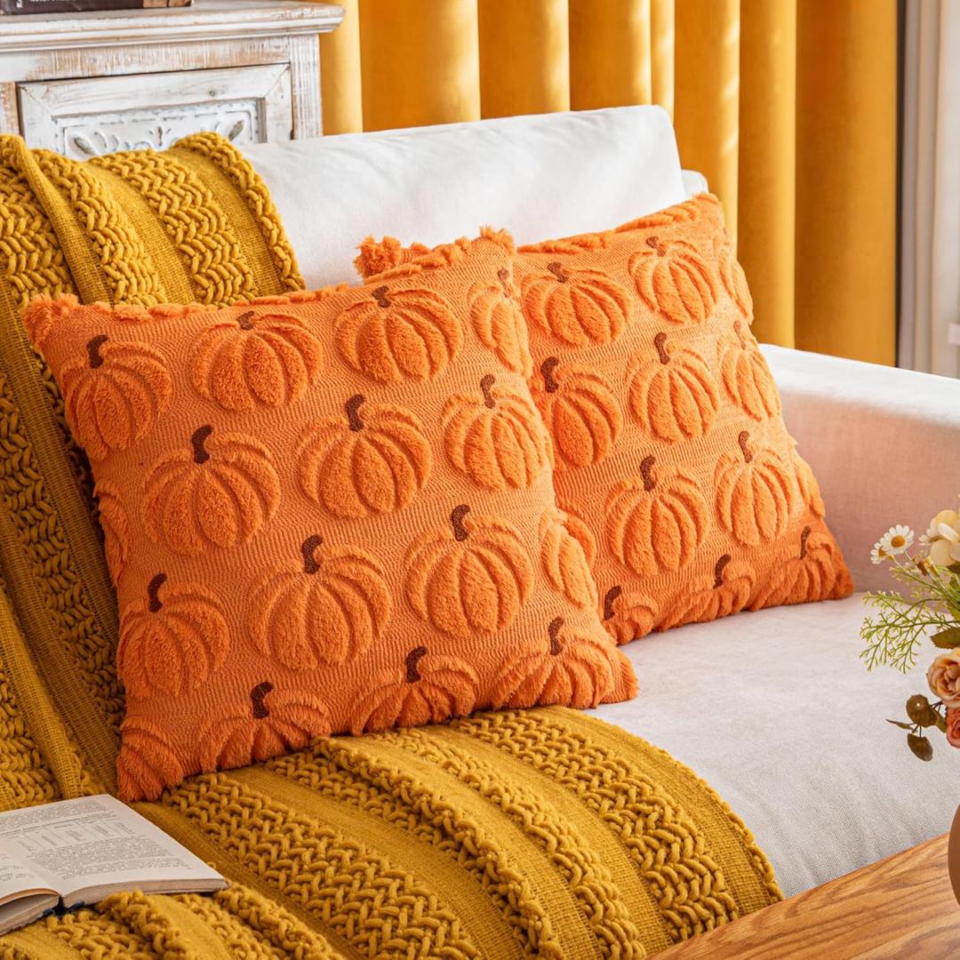 Pumpkin Fall Decorative Throw Pillow Covers 18"x18", Set of 2 Orange Brown Soft Faux Fur Pillow Covers for Autumn Harvest, Fluffy Plush Accent Pillow Cases for Farmhouse Halloween Decor