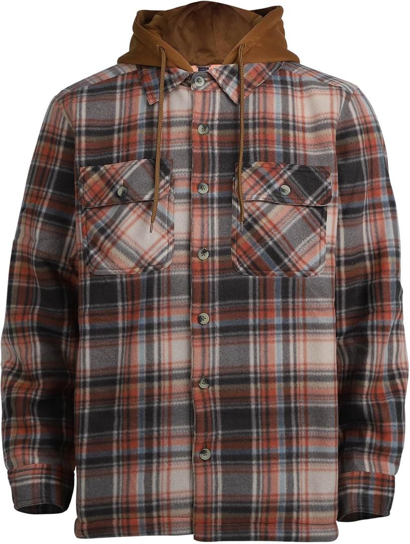 LeeHanTon Mens Heavyweight Hoodies Casual Zip Up Plaid Flannel Shirt Jackets Winter Thick Berber Lined Fleece Coat (Orange, L)