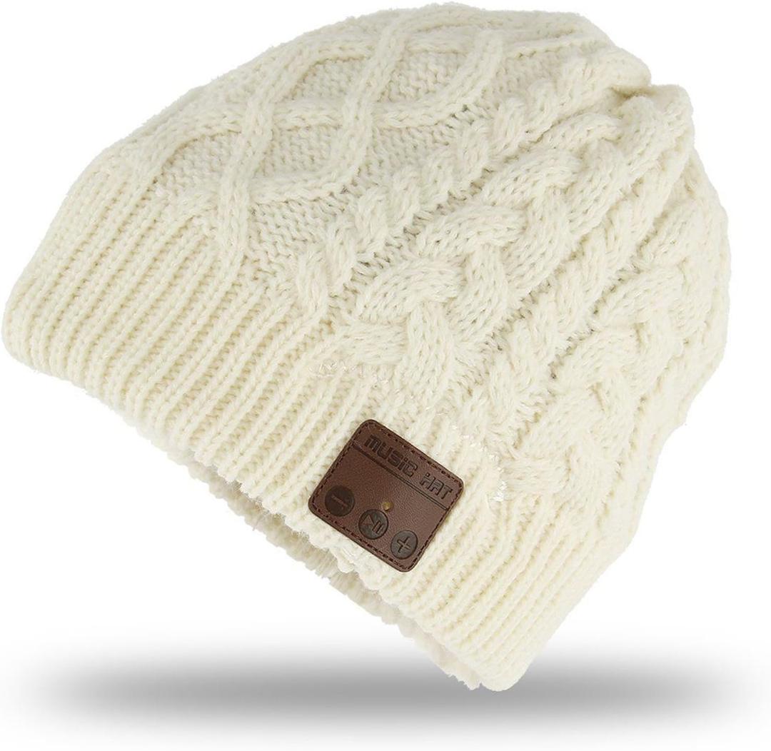 Wireless Beanie Hat for Men Women Wireless Headset Headphones Music Audio Boys Girls Winter Cap with Speaker Mic Hands Free Outdoor Sport Stereo Earphone Earpieces Warm White