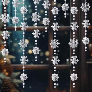 6 Pack 39ft Winter 3D Felt Wonderland Snowflake Garland Each 6.5ft Felt Snowflake and Hanging Cotton Ball Decorations with 6 Hooks, Reusable Wonderland Decor for Christmas Party