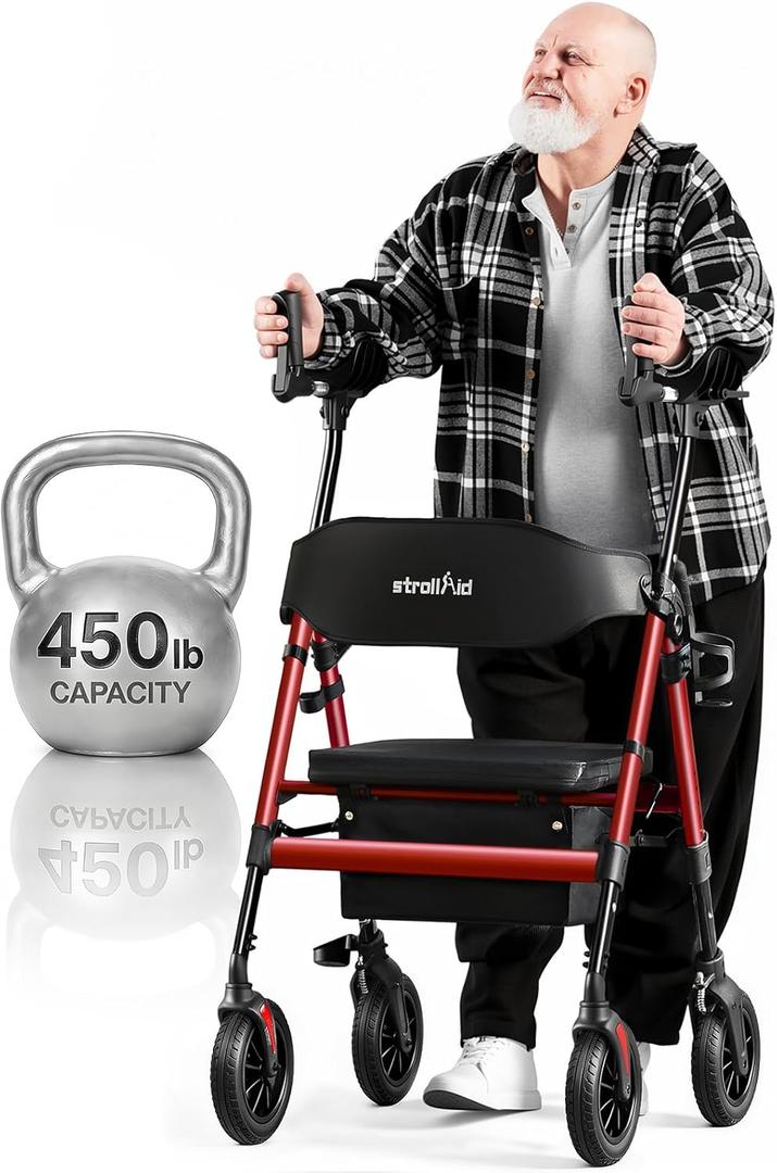 Upright Walkers for Seniors, 450 lb Heavy Duty Stand Up Rollator Walker with Adjustable Soft Sponge Armsupport & Seat, Tall Standing Folding Rolling Walker with 8'' Wheel, Red