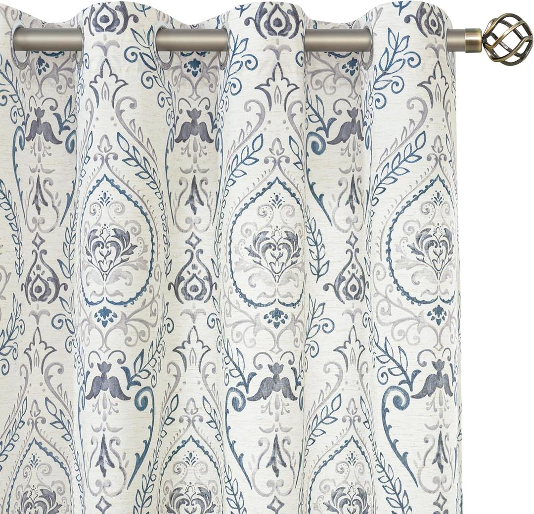 LAMIT Linen Curtains for Living Room 84 inch Length 2 Panels Set, Light Filtering Privacy Grommet Vintage Boho Damask Printed Window Drapes for Bedroom, Greyish Blue, Each 52 x 84 Inch