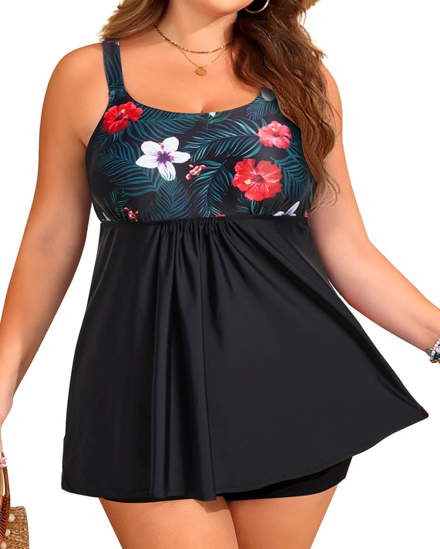 Holipick Plus Size 2 Piece Swimsuit - Women Tankini Bathing Suits Flowy Swim Top with Boy Shorts