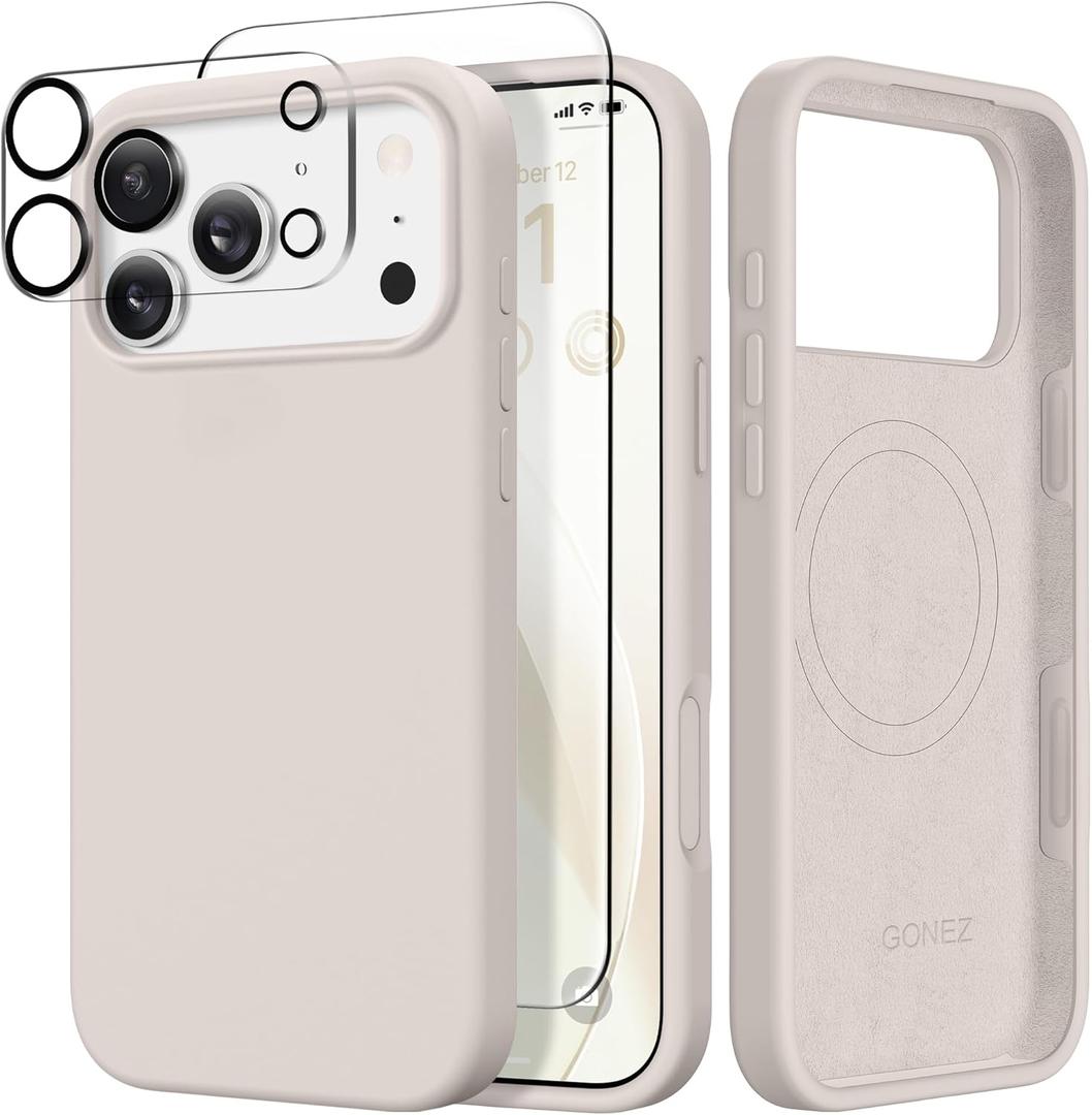 GONEZ Magnetic for iPhone 17 Pro Max Case, Compatible with MagSafe, [Screen Protector + Camera Lens Protector], Liquid Silicone Anti-Scratch Shockproof Protective Phone Case 6.9 inch, Stone