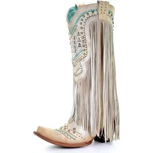 LISHAN Women's Western Cowboy Cowgirl Boots Fringed Tassel Block Heels Embroidered Calf High Boots (13, Beige)